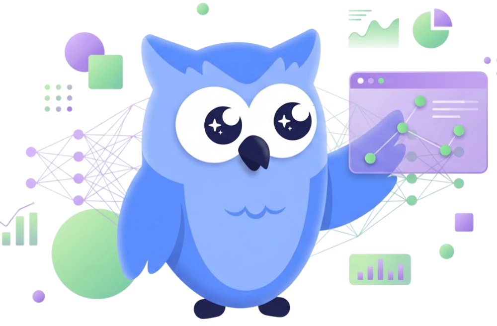 Owl pointing at charts showing growth